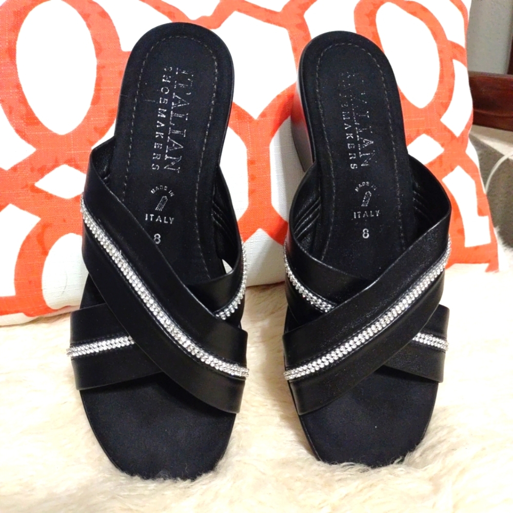 Black Strappy Leather Sandals w/ Rhinestones Wedge Slip On Sz 8 Made in ITALY